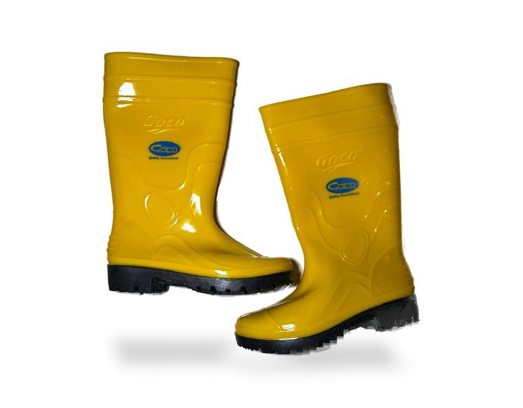 Yellow GOCO high cut rubber boots, pair, side view